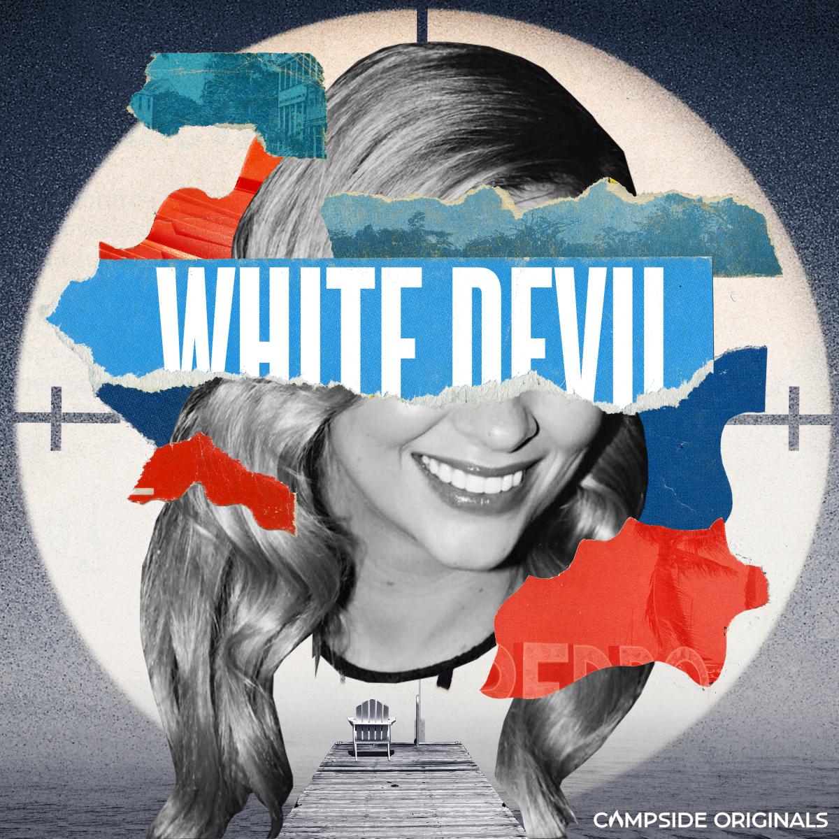 The face of an attractive white woman is covered by the words WHITE DEVIL across her eyes